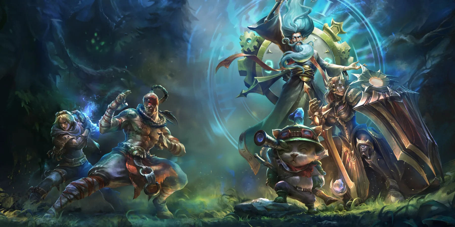 League Classic champions gathered in a forest around a glowing time portal