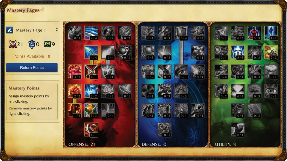 League Classic mastery page with offense, defense, and utility trees