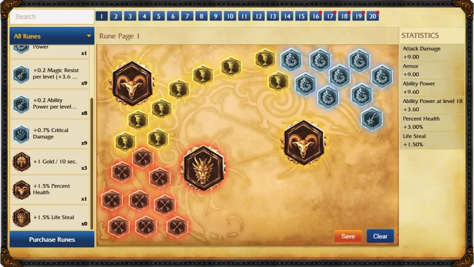 League Classic rune page with colored rune slots and statistics